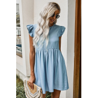 Flutter Sleeve Ruched Denim Casual Dress