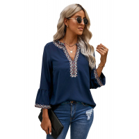 Blue Boho Floral V Neck Long Sleeve Casual Top