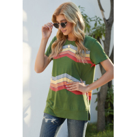 Green Colorful Wavy Stripes Print Short Sleeve Tee