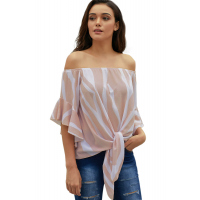 Off The Shoulder Vertical Stripes Blouse in Pink