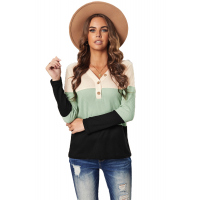 V-neck Color Block Button Waffle Knit Pullover