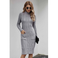 Gray High Neck Textured Bodycon Sweater Dress