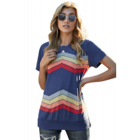 Blue Colorful Wavy Stripes Print Short Sleeve Tee