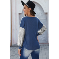 Sequin Splicing Blue V Neck Bishop Sleeves Top