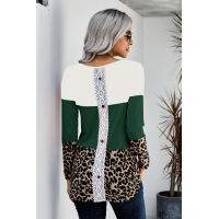 Green Colorblock Leopard Triple Patchwork Long Sleeve Top