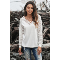 White Deep V-neck Lace Stripe Long Sleeve Top