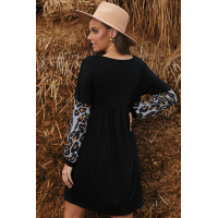 Leopard Splicing Ruffled V-neck Long Sleeve Mini Dress