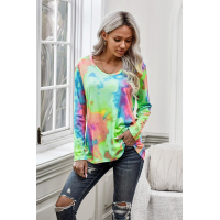 Green Tie-dye V Neck Long Sleeves Top