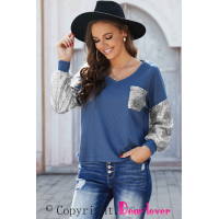 Sequin Splicing Blue V Neck Bishop Sleeves Top