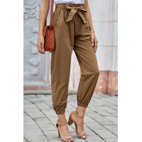 Khaki Solid Color Frock-style Pants with Belt