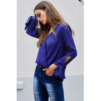 Blue V Neck Ruched Tie Sleeve Top