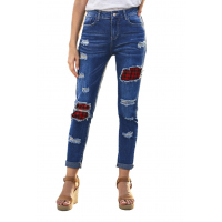 Sky Blue Plaid Patchwork Hollow Out Ripped Jeans