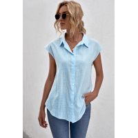 Sky Blue Turn-down Collar Button Front Tank