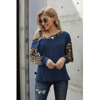 Blue Dew Shoulder Leopard Stitching Long-sleeved Blouse