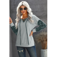 Gray Camo Lace-Up Side Split Hem Long Sleeve Top