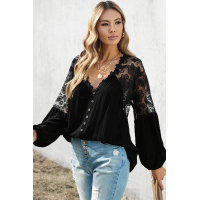 Black V Neckline Lace Shoulder Patchwork Blouse