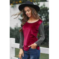 Red Round Neck Color Block Velvet Pleated Long Sleeve Top