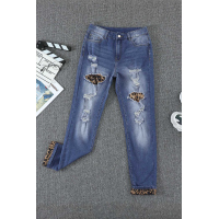 Blue Hollow Out Leopard Patchwork Distressed Jeans 