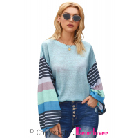 Sky Blue Striped Colorblock Long Sleeve Knit Top