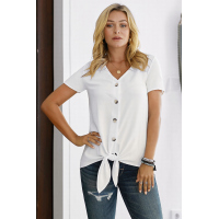 White Button Up Front Tie Detail Woven Top