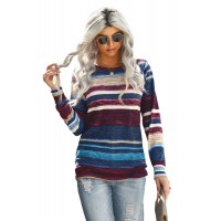 Blue Striped Tie Dye Knit Long Sleeve Top