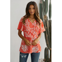 Orange Leaf Vein Floral Printed Twist Blouse