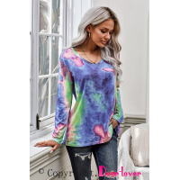 Blue Tie-dye V Neck Long Sleeves Top