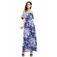 Flower Print Blue Grounding Off Shoulder Long Boho Dress