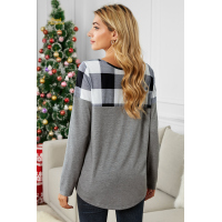 Black Buffalo Plaid Splicing Long Sleeve Top