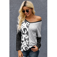 Gray Spot Print Color Block Blouse