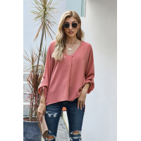 V Neck 3/4 Sleeve High Low Hem Shirt