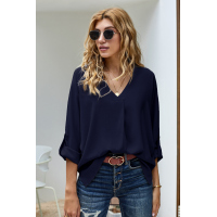 Blue V Neck 3/4 Sleeve High Low Hem Shirt