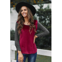 Red Round Neck Color Block Velvet Pleated Long Sleeve Top