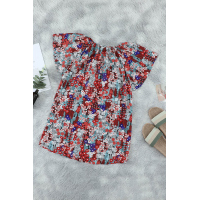 Blue V-neck Short Sleeve Fashion Print Fantasy Fluttering Blouse