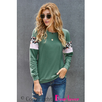 Mint Long Sleeve Leopard Stripes Blouse