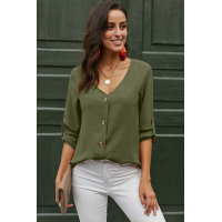 Green Button Detail Roll Up Sleeve Blouse