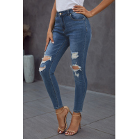 Blue Hollow Out Vintage Skinny Ripped Jeans