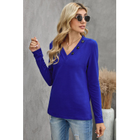 Blue V-neck Button Solid Color Long Sleeve Top