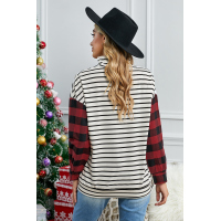 Plaid Patchwork Striped Button Long Sleeve Top