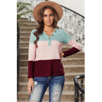 Sky Blue V-neck Color Block Button Waffle Knit Pullover