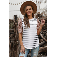 Leopard Ruffle Sleeve Striped T-shirt