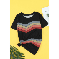 Black Colorful Wavy Stripes Print Short Sleeve Tee