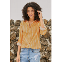 Orange Striped Roll Tab Sleeve Button Shirt