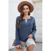 Blue V Neck Washed Grommet Top