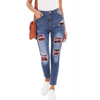 Medium Wash Distressed Plaid Skinny Jeans