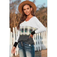 Green Plaid Color Block V Neck Long Sleeve Top