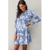 Blue Tie-dye Pullover Long Sleeve Mini Dress