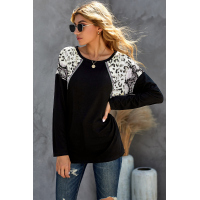 Black Long Sleeve Top With Leopard Snakeskin Print