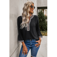 Black Boho Floral V Neck Long Sleeve Casual Top