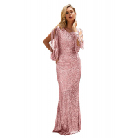 Pink Sequin Fringe Sleeve Prom Maxi Dress